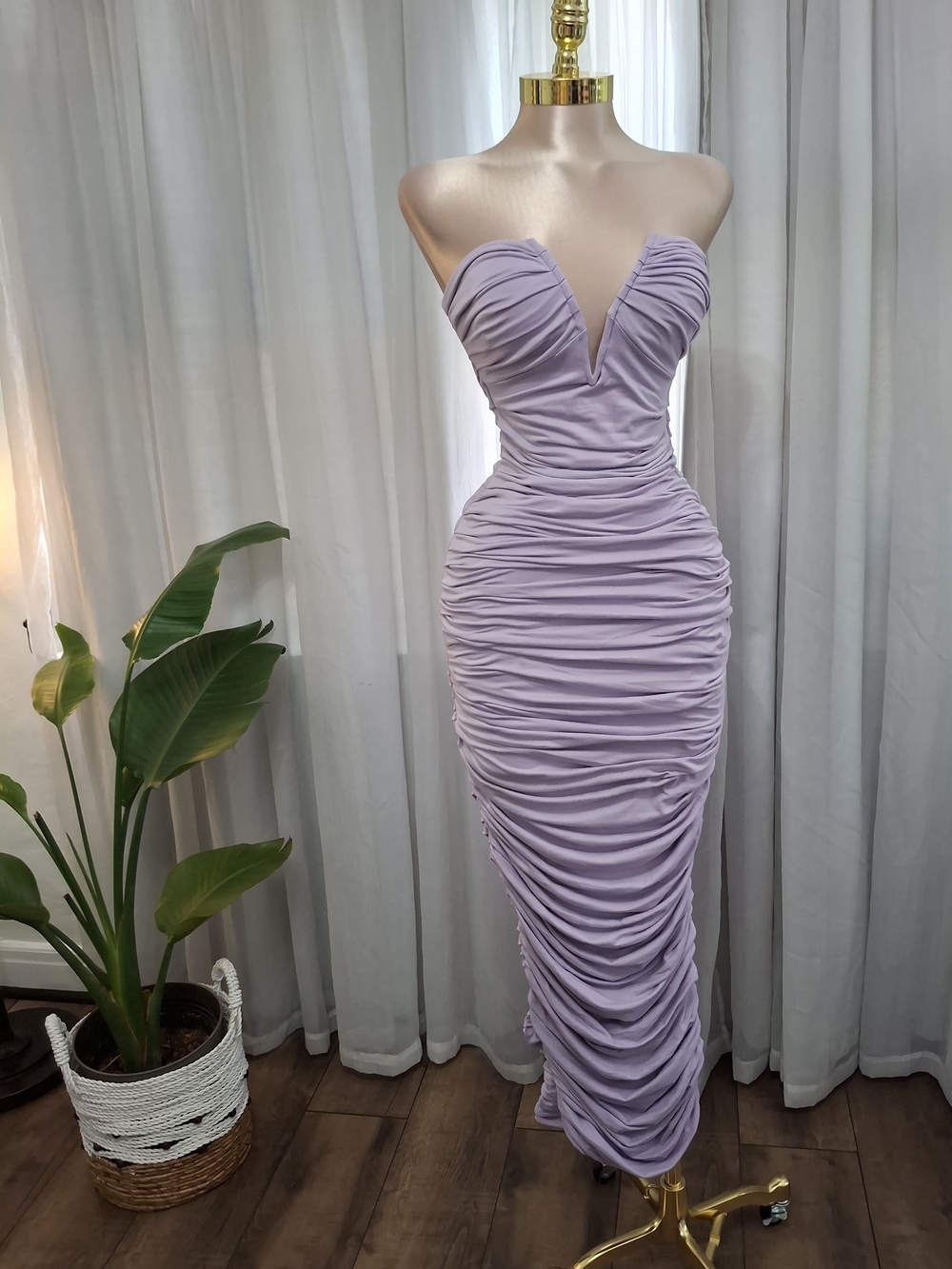 Strapless Ruched Lavender Evening Dress
